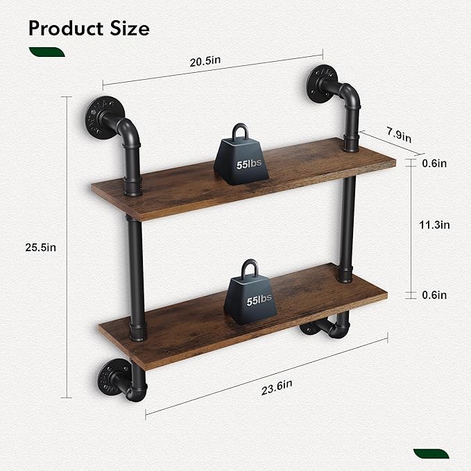 Merapi 24" Industrial Pipe Shelves Wall Mounted, 2 Tier Rustic Floating Shelves for Wall, Kitchen Storage Shelves, Coffee Bar Shelf Organizer, Bathroom Wall Shelves, Living Room Wall Decor