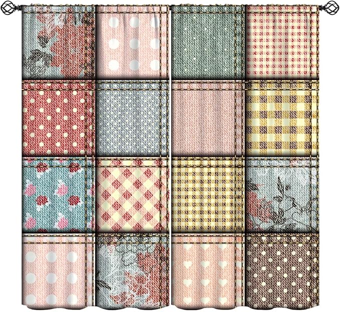 Boho Floral Patchwork Blackout Curtains Flower Boho Checkered Polka Dots Patchworkt Window Drapes for Bedroom Living Room Kitchen Cafe （W31.5xL63 Inch） x2 Panels