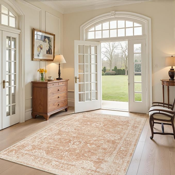 Madane Washable Area Rug 4x6, Low Pile Stain Resistant Vintage Area Rugs, Non Slip Accent Rug Floral Print Indoor Mat for Entryway Living Room Kitchen Bedroom, Jasper Orange