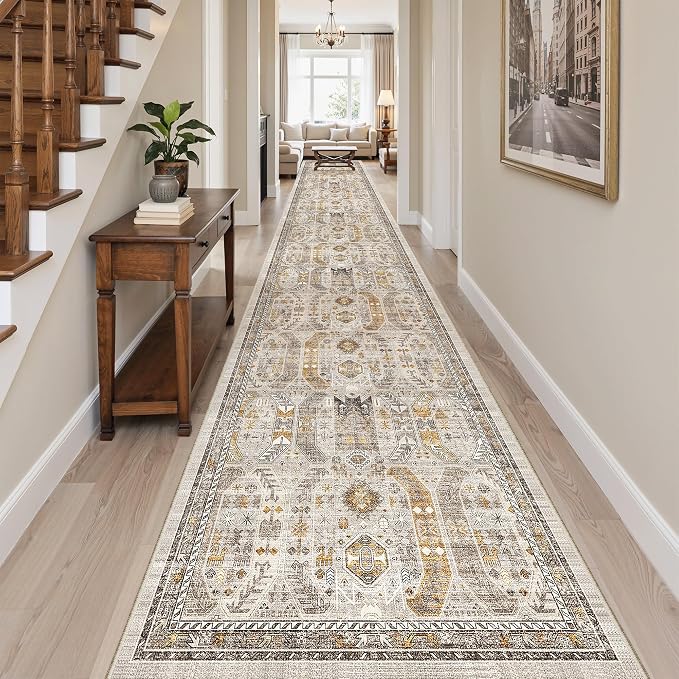 Madane Hallway Runner Rug 3x18 Washable Kitchen Runners 18ft, Brown/Gold | Vintage Non Slip Extra Long Area Rugs , Low-Pile Farmhouse Wide Floor Carpet for Corridor Entryway Bathroom Bedroom