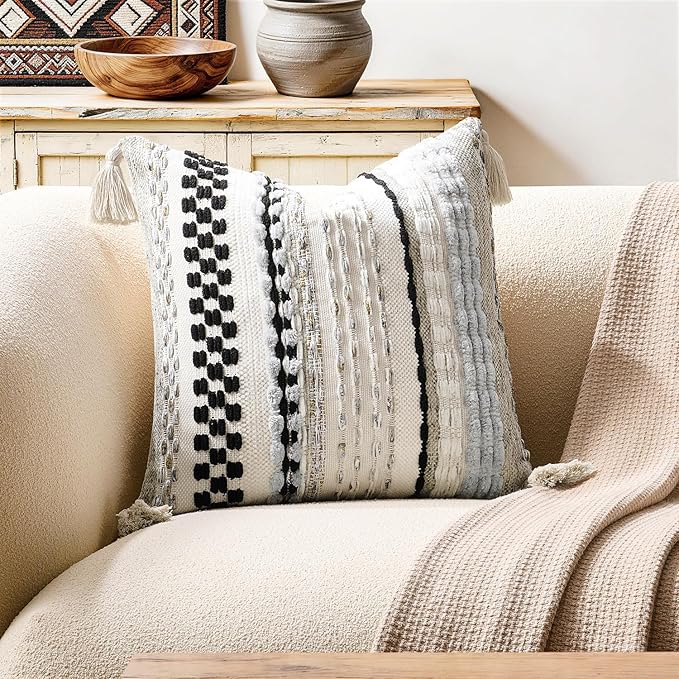 Kevin Textile 20x20 Inch Throw Pillow Cover 1 Pack Boho Decorative Soft Chenille Thread Woven Tufted Textured Square Cushion Case Farmhouse Accent for Living Room Couch Sofa Bed, Black
