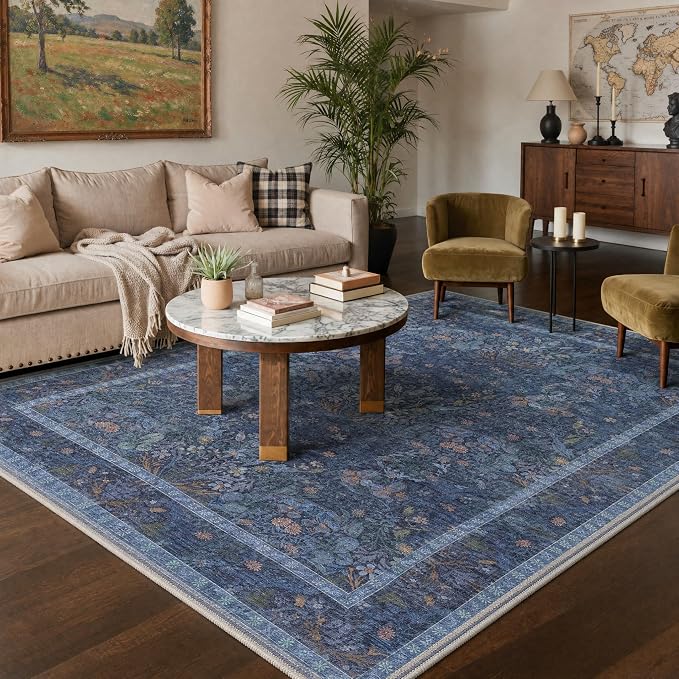 GENIMO 5x7 Washable Area Rugs for Living Room, Non Slip, Navy Slate | Vintage Boho Floral Low Pile Thin Carpet for Bedroom, Dining Room, Nursery, Indoor Decor