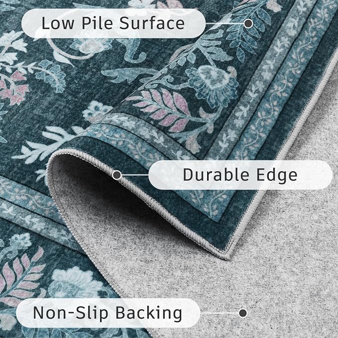 DCX Navy Blue 8x10 Area Rug, Machine Washable Non Slip Stain Resistant Soft Vintage Floral Rug, for Living Room, Bedroom, Dining Room, Soft Low Pile Large Carpet