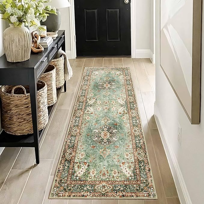Washable Runner Rug 2'x6',Green Rug Runners Non Slip,Long Boho Rugs for Hallways Kitchen Bedroom Entryway Living Room Bathroom,Vintage Bohemian Distressed Oriental Floor Carpet
