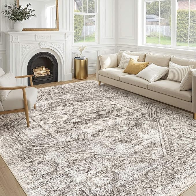 Vintage Living Room Area Rug 9x12 - Large Soft Washable Oriental Traditional Distressed Farmhouse Rugs for Bedroom - Indoor Floor Accent Carpet for Home Office House Decor - Distressed Brown