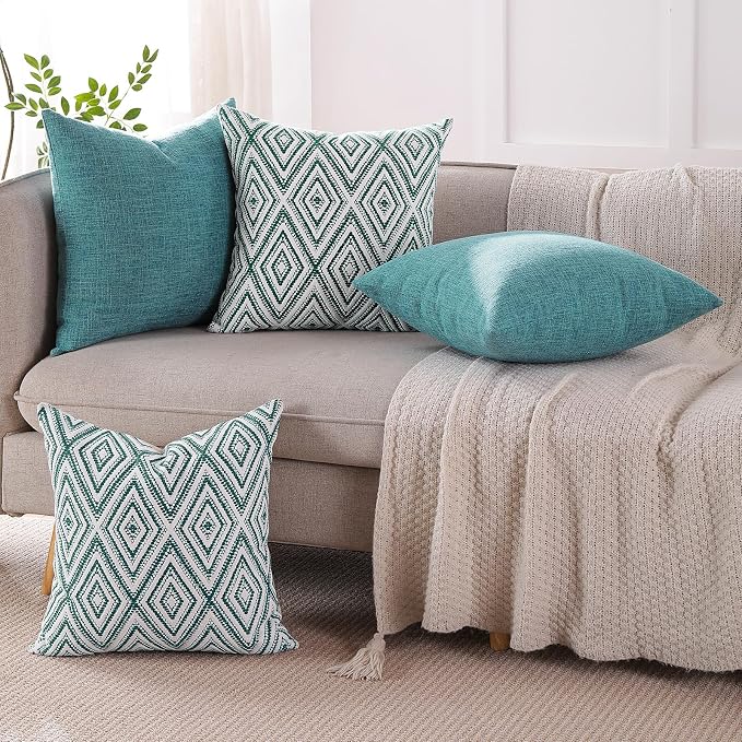 HPUK Throw Pillow Covers 20x20 Inch Set of 4, Linen Decorative Pillow Covers, Accent Cushion Covers for Couch Sofa Bed Bedroom Living Room Décor, Aqua Blue