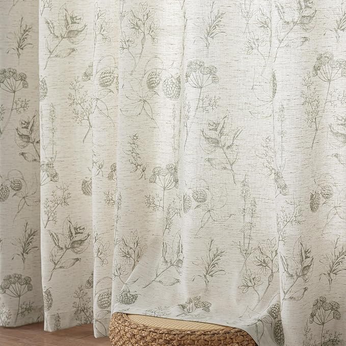 FMFUNCTEX Linen Curtains Floral Patterned Curtain for Bedroom Living Room, Sage Green Curtains 96 Inches Long Farmhouse, Light Filtering Beige Window Curtain Grommet Top 2 Panels Set