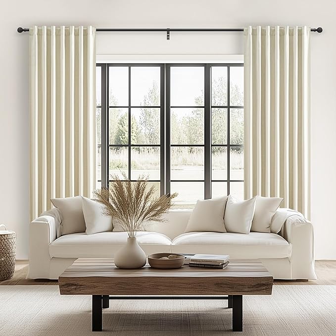 Floor to Ceiling Full Blackout Cream Linen 108 Inch Curtains 2 Panels Set for Sliding Glass Door, Luxury Pleated Thermal Window Drapes with Back Tab for Bedroom Thick Curtain 9 FT Room Darkening Burg