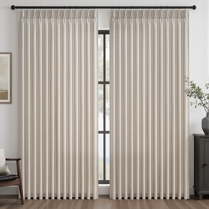 Oatmeal Pinch Pleated Linen Curtains 84 Inch Length 2 Panels for Bedroom Living Room Textured Semi Sheer Window Curtain Boho Neutral Back Tab Pinch Pleat Drape with Hooks 84 Inches Long