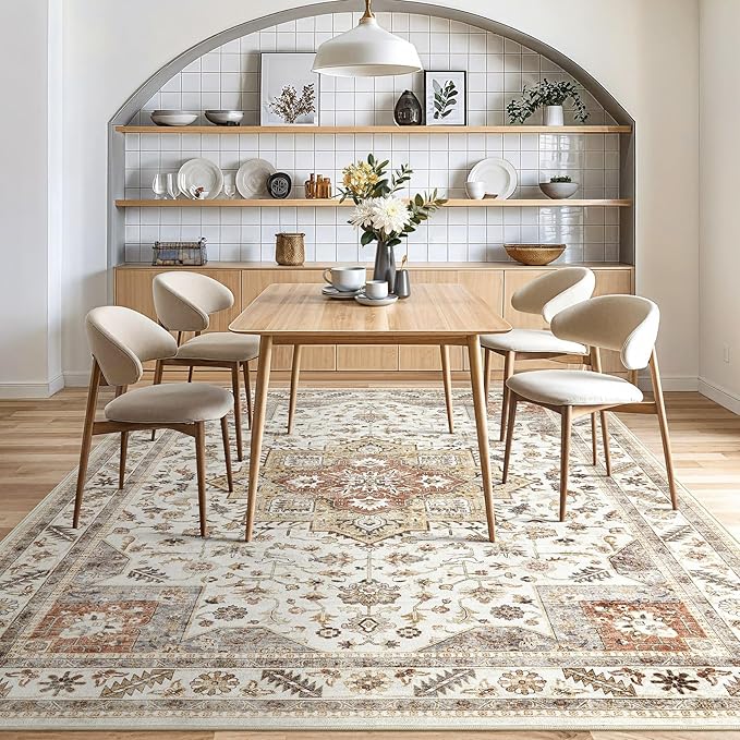 Vintage Living Room Area Rug 7x9 - Large Soft Washable Oriental Traditional Distressed Farmhouse Rugs for Bedroom - Indoor Floor Accent Carpet for Home Office House Decor - Golden Taupe