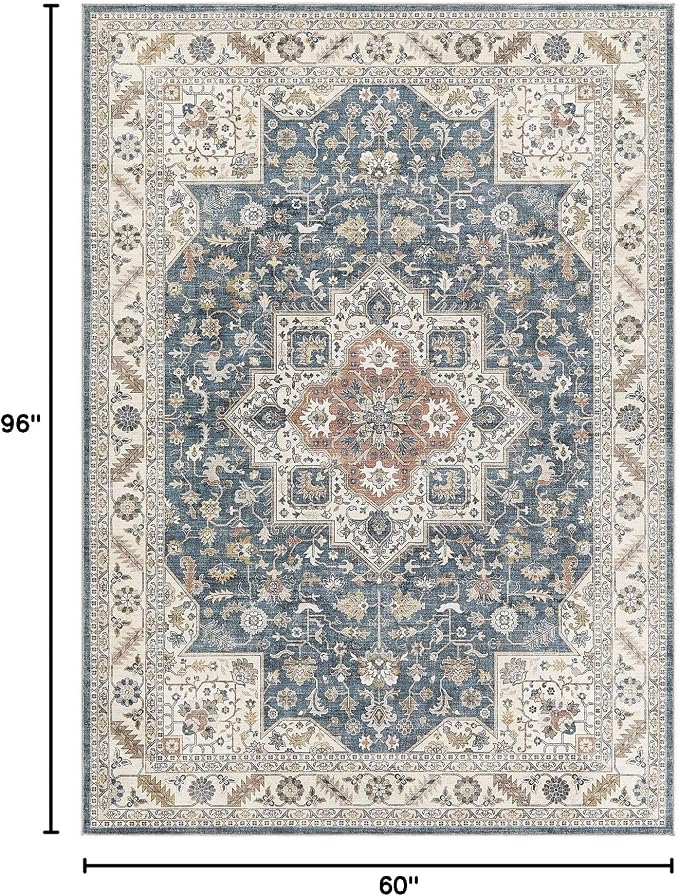 Vintage Living Room Area Rug 5x8 - Large Soft Washable Oriental Traditional Distressed Farmhouse Rugs for Bedroom - Indoor Floor Accent Carpet for Home Office House Decor - Vintage Blue