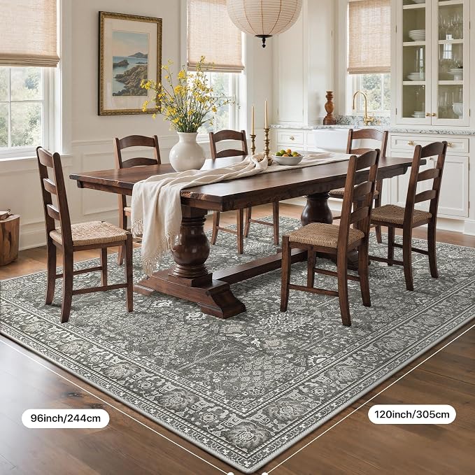 Bavni Washable Rugs 6x9 Machine Washable Rug Lightweight Low Pile, Vintage Floral Rug Non-Shedding Distressed Throw Carpet for Living Room Bedroom Office, Grey