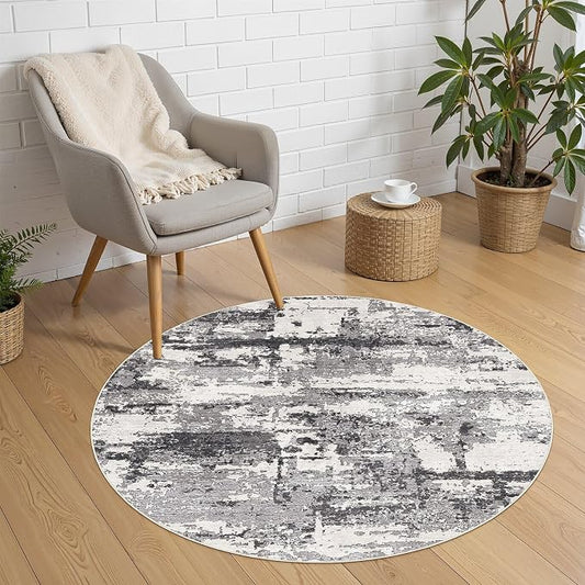 4ft Round Area Rugs for Living Room: 4x4 Abstract Washable Rug Modern Large Soft Stain Resistant Non-Slip Backing Machine Table for Bedroom Dining Room Indoor Home Office Carpet - Black Grey