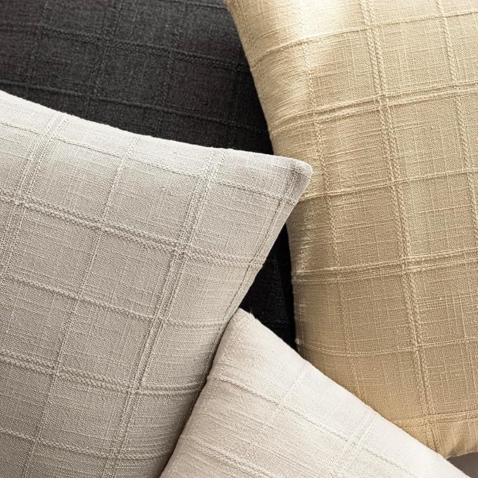 Foindtower Set of 2 Decorative Linen Check Throw Pillow Covers Neutral Farmhouse Vintage Cushion Covers Modern Coastal Boho Home Decor for Sofa Chair Couch Bedroom Living Room,18×18 Inch,Light Grey