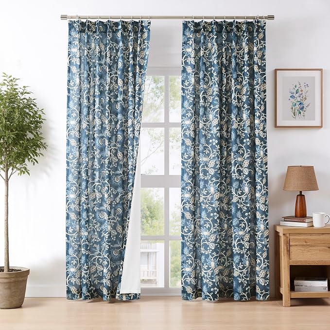 Vision Home Navy Blue Floral Pinch Pleat Light Filtering Curtains, Linen Pleated Lined Drapes Back Tab Hooks for Living Room Bedroom, Vine Botanical Jacobean Print Panels 40x95 Inch Set of 2