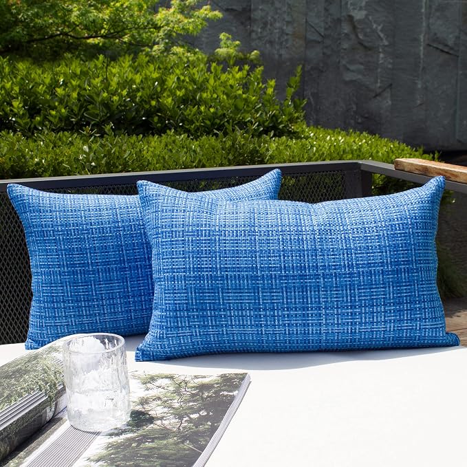 Kevin Textile Outdoor Waterproof Throw Pillow Covers 14x24 Inch Pack of 2 Woven Faux Linen Farmhouse Decorative Water Resistant Lumbar Cushion Covers for Tent Patio Garden Couch Sofa Blue