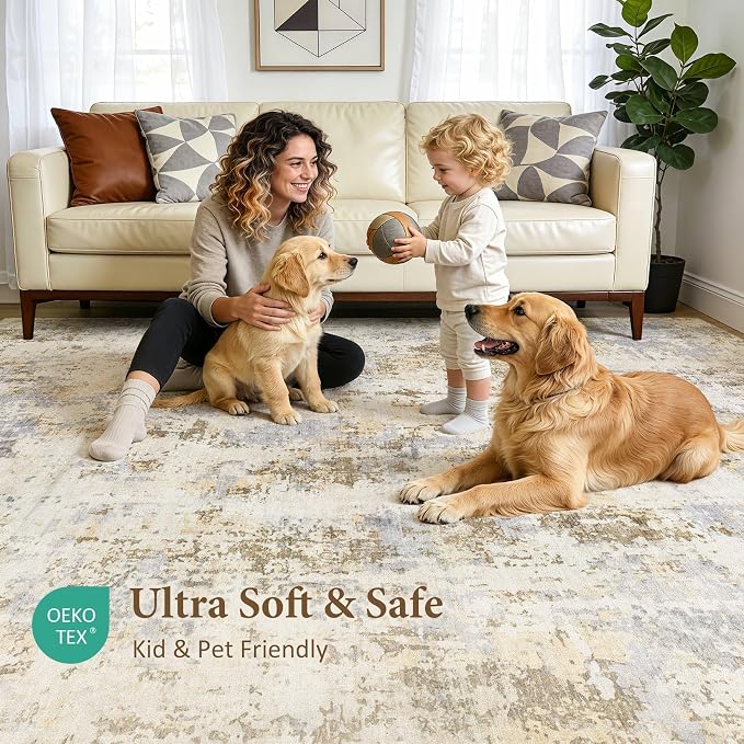Area Rugs 10x12 Living Room: Washable Large Abstract Modern Neutral Soft Rug Stain Resistant Non-Slip Backing Carpet for Bedroom Dining Room Indoor Nursery Dorm Home Office Decor - Brown