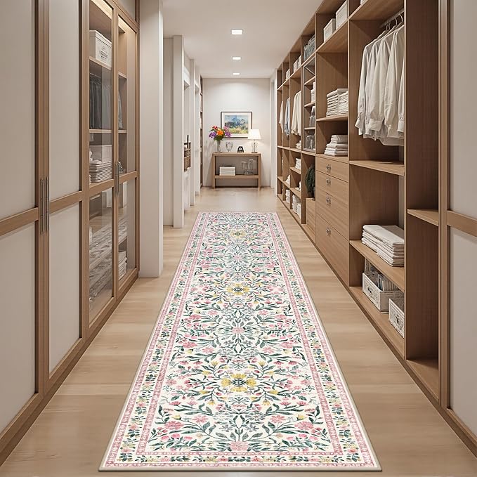 Runner Rug for Entryway: 3x10 Kitchen Rugs Non Slip Washable Ultra-Thin Soft Floral Carpet Indoor Floor Stain Resistant Carpets for Hallway Bedroom Kitchen Laundry Bathroom Dorm Pink/Green