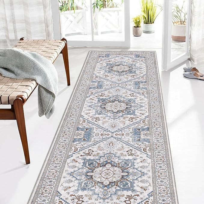 OPPODREAM Soft Entryway Rug 2x8, 2x8 Rug Runner, Neutral Washable Hallways Carpet 2 x 8 with Non Slip Backing, Low-Pile Bedside Carpet 2 x 8, Long, Faux Cashmere, Cream White & Blue & Light Brown