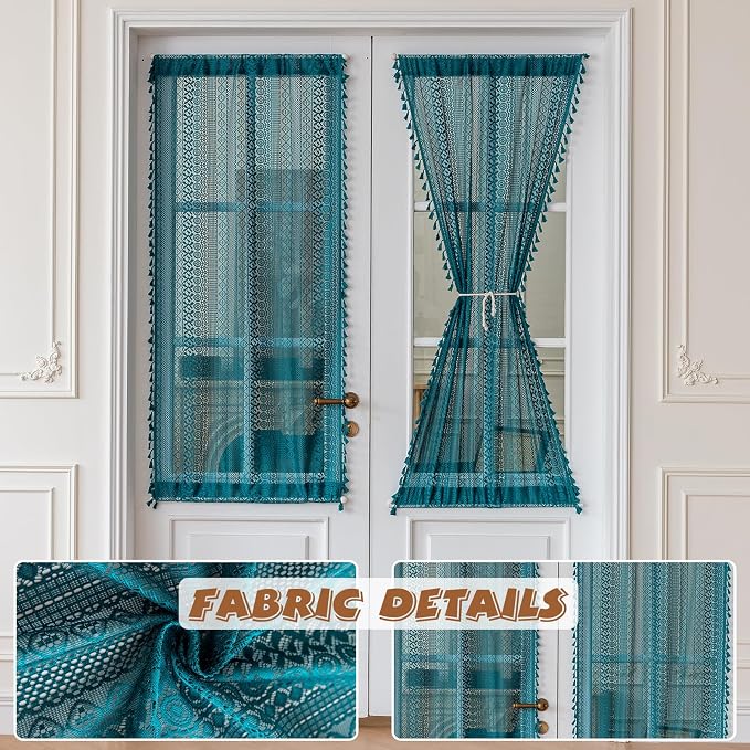 Sutuo Home Teal French Door Curtains for Front Glass Door & Sidelights, Semi Sheer Farmhouse Bohemian Rustic Tassels Vintage Privacy Cottagecore Festival Decor, Rod Pocket 2 Panels 25" W x 72" L Teal