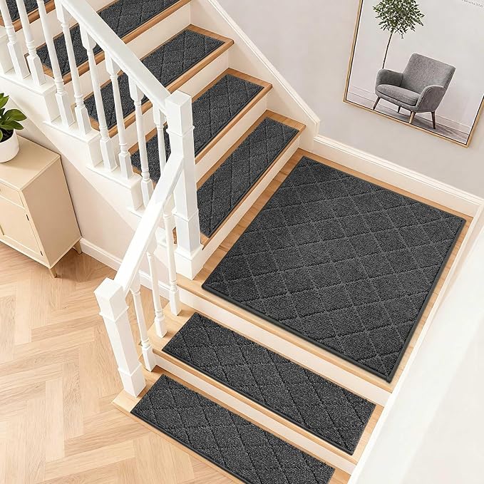 COSY HOMEER Edging Stair Treads Non-Slip Corner Indoor Stair Runners for Wooden Steps,Landing Slip Resistant Stair Rugs Mat for Kids and Dogs,100% Polyester TPE Backing,Black,30x30 inch