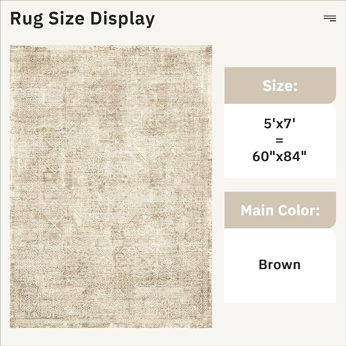 Soalmost 5x7 Area Rugs Brown Low Pile Indoor Washable Trendy Faded Style Floral Rugs for Bedroom Living Room Dining Room Foldable Non-Slip Thin Print Mat