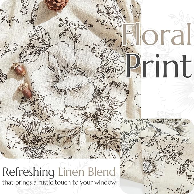 jinchan Floral Linen Tier Curtains 24 Inch Farmhouse Botanic Cafe Drapes for Small Windows Rustic Half Window Curtains for Kitchen Living Room Bathroom Laundry 2 Panels Black on Beige
