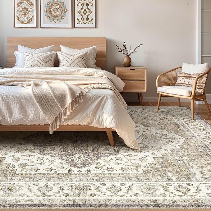 10x13 Area Rug Living Room: Washable Boho Large Neutral Vintage Soft Rug Stain Resistant Farmhouse Non-Slip Indoor Floor Carpet for Bedroom Nursery Kids Playroom Office Dining Room Home- Brown Beige