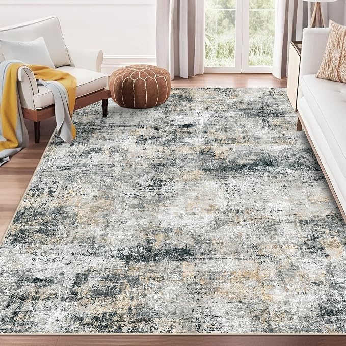 Washable Rug 6x9 Area Rugs: Soft Large Living Room Rug with Anti-Slip Backing Non-Shedding Stain-Resistant Modern Abstract Carpet for Bedroom Dining Room Nursery Home Office Black Grey Brown