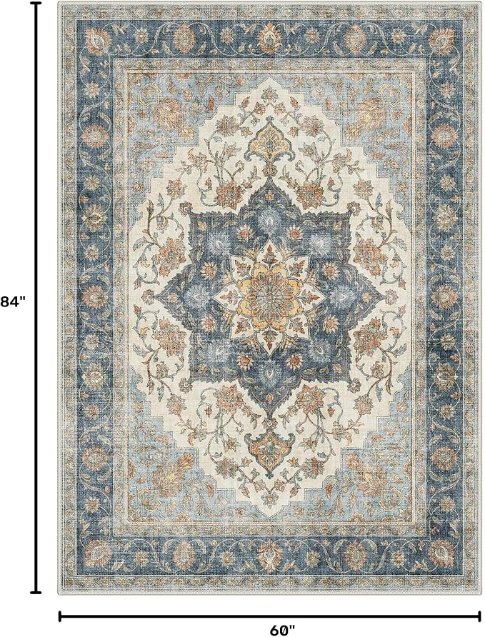 GENIMO 5x7 Area Rugs for Living Room, Machine Washable Non Slip Rugs, Low Pile Lightweight Print Rug for Bedroom, Dining Room, Home Office, Vintage Blue Medallion
