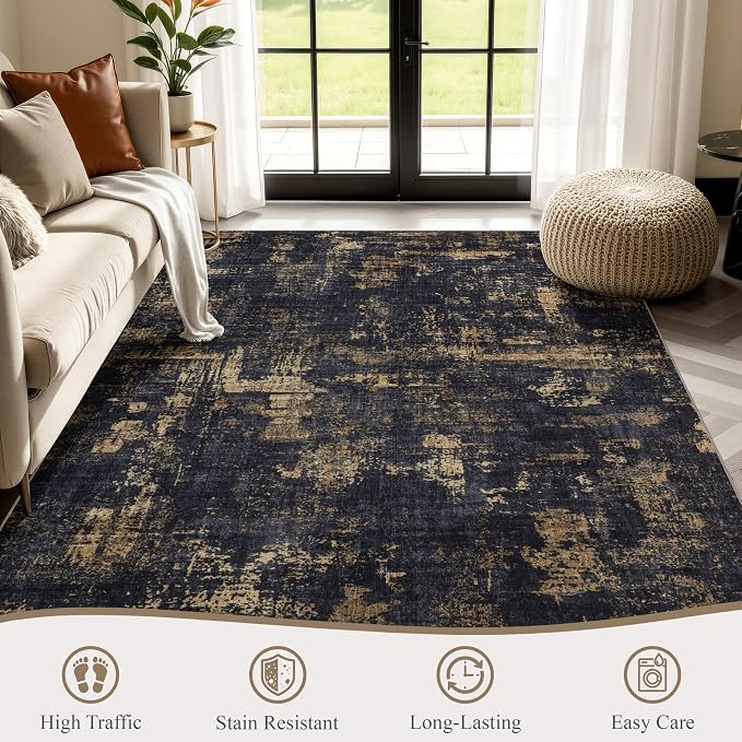 Sasttie 6x9 Soft Area Rug for Living Room, Modern Abstract Washable Carpet for Bedroom, with Non-Slip Backing, Black and Gold