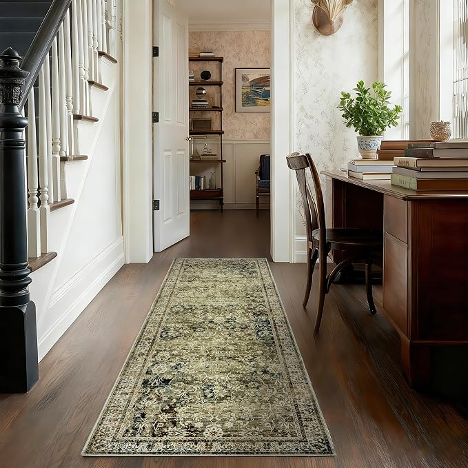 Boho Washable Runner Rug for Kitchen,Non Slip Rubber Backing Non Skid Oriental Floral Vintage Long Carpet Runners for Hallway Entryway Indoor Doormat Bedroom,2x6 6ft,Moss Olive Green Beige