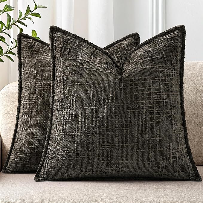 decorUhome Chenille Throw Pillow Covers 24x24 Set of 2, Soft Textured Slubby Modern Decorative Pillow Covers with Elegant Design for Couch, Sofa, Living Room, Chocolate