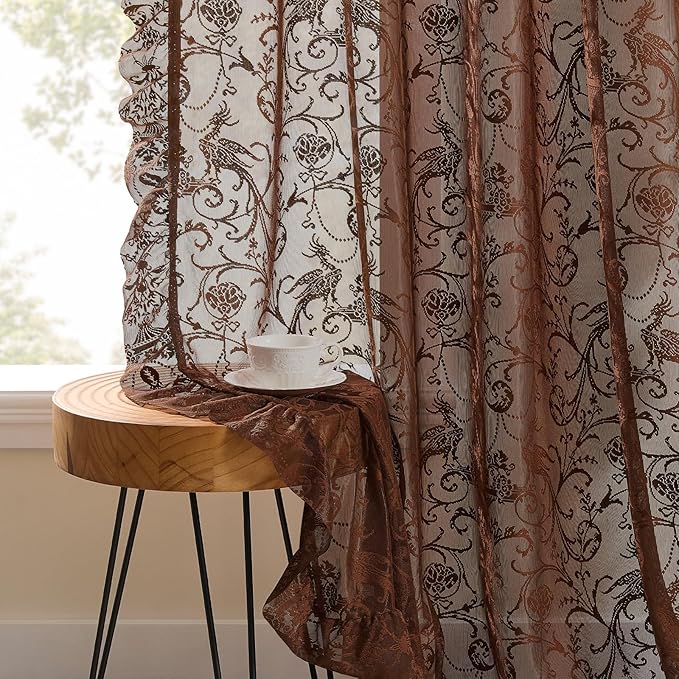 TUDECO Lace Brown Kitchen Curtains 45 Inch Long for Small Window, 2 Panels | Rustic Antique, Sheer Floral Pattern, Short Cafe Curtains, Ruffle Edges, Light Filtering & Privacy, 59W x 45L Inch