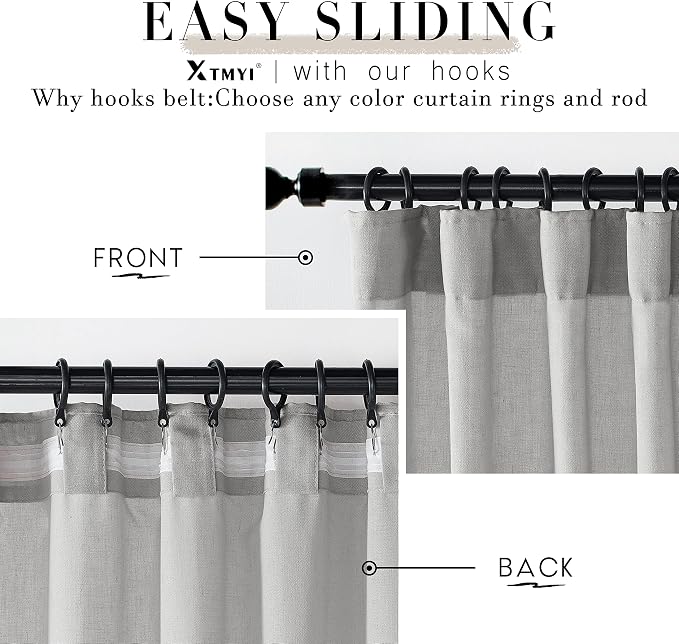 XTMYI Light Grey Curtains for Living Room Bedroom,Linen Boho Back Tab Pleated Sheer Curtain Set of 2 Panels,90 Inches Long