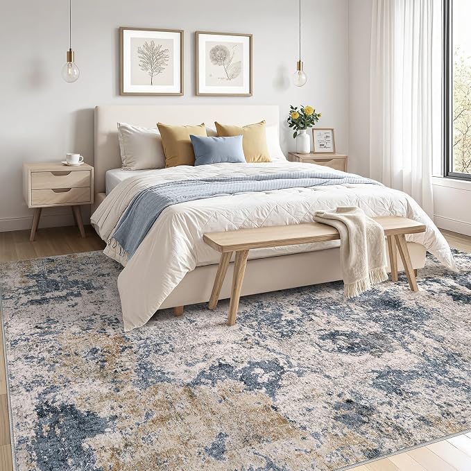 Area Rugs for Living Room: 7x9 Abstract Washable Rug Modern Neutral Large Soft Stain Resistant Non-Slip Backing Machine Table for Bedroom Dining Room Indoor Home Office Carpet - Blue Brown
