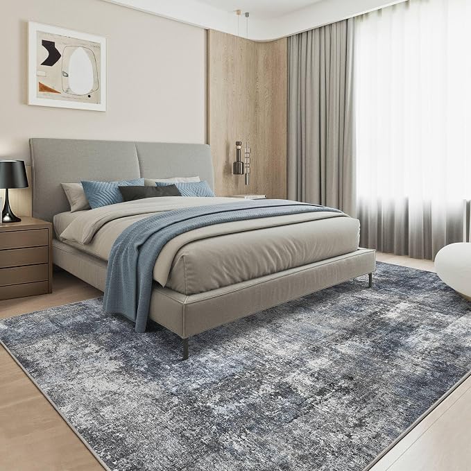Abstract 9x12 Area Rug: Machine Washable Non Slip Ultra Thin Low-Pile Carpet, Soft Stain Resistant for Living Dining Room Bedroom, Kid Pet Friendly, Robot Vacuum Compatible - Dark Grey/Blue
