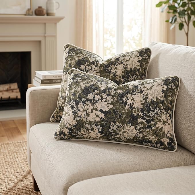Vintage Floral Throw Pillow Covers 12x20 Inches Set of 2 Lumbar Boho Farmhouse Pillow Cases Premium Chenille Textured Decorative Cushion Covers for Couch Retro Garden Farmhouse Style Olive