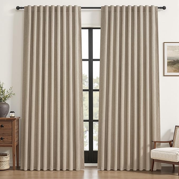 Blackout Curtains 60 Inches Extra Wide Grey Beige Linen Curtains 90 Inch Length for Living Room, Pleated Farmhouse Bedroom Thermal Drapes for Winter Large Window Energy Efficient(60"W x 90"L 2 Panels)