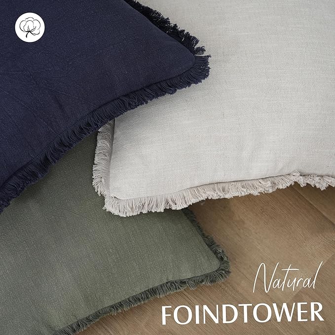 Foindtower Set of 2 Decorative Linen Fringe Throw Pillow Covers Cozy Farmhouse Boho Cushion Cover with Tassels Soft Accent Pillowcase for Couch Sofa Bed Living Room Home Decor 20×20 Inch Olive Green