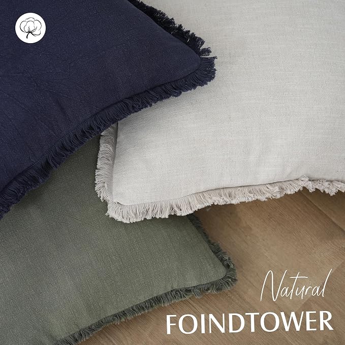 Foindtower Set of 2 Decorative Linen Fringe Throw Pillow Covers Cozy Boho Farmhouse Cushion Cover with Tassels Soft Accent Pillowcase for Couch Sofa Bed Living Room Home Decor, 22×22 Inch, Olive Green