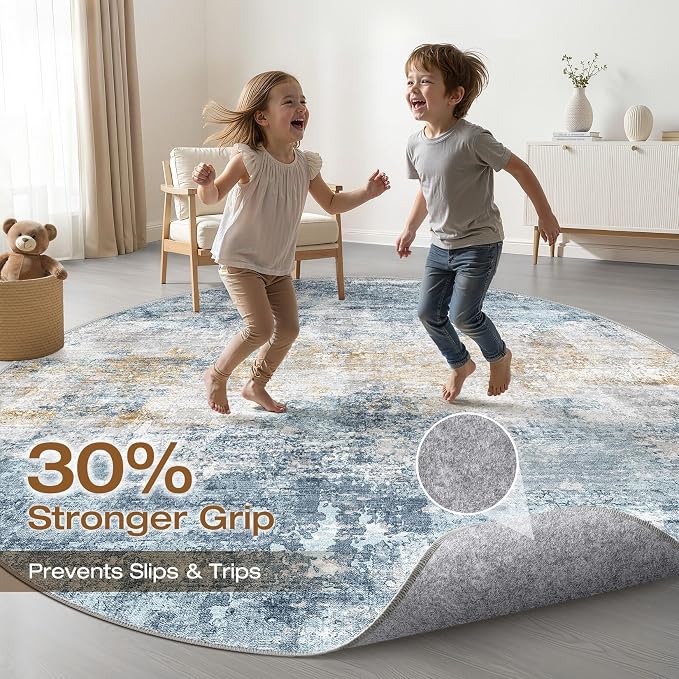 5ft Round Rug Living Room: 5x5 Washable Large Neutral Circle Area Rug Abstract Soft Modern Stain Resistant Indoor Floor Non-Slip Carpet for Bedroom Nursery Kids Office Playroom Dining Room- Blue Gold