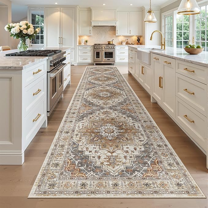Madane Hallway Runner Rug 3x16 Washable Kitchen Runners Long, Turmeric/Grey | Vintage Non-Slip Wide Area Rugs 16ft for Entryway, Soft Thin Low-Pile Farmhouse Indoor Floor Carpet for Living Room Bedroom