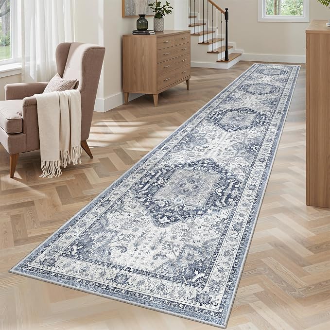 Madane Washable Runner Rugs 2x10 Long for Hallway Kitchen, Navy/White | Non-Slip Low-Pile 10ft Rug Runners Soft, Stain-Resistant Floor Carpet Mat for Entrance, Living Dining Laundry Room, Stair