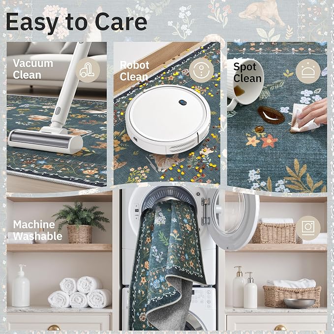 Soalmost Dog 9x12 Area Rugs for Living Room, Machine Washable Animal Floral Vintage Rug Non-Slip Low Pile Soft Throw Large Rugs for Classroom Bedroom Dining Room Nursery Playroom (9 x 12,Navy Blue)