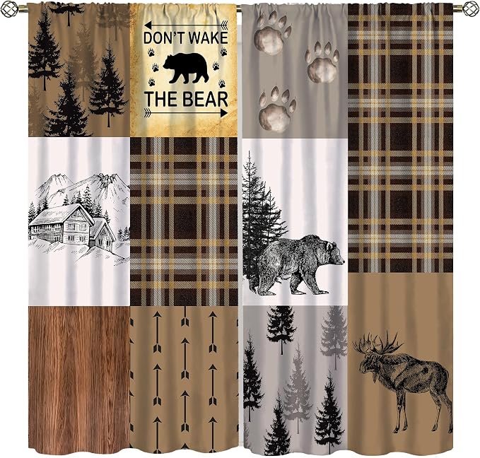 Vintage Animal Curtains for Kitchen Country Farmhouse Brown Patchwork Plaid Forest Cabin Hunting Deer Bear Animals Windows Treatments for Bedroom Living Room 42x45in（No Blackout）