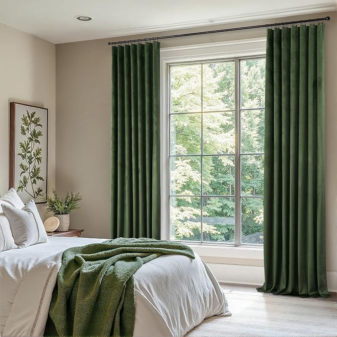 Olive Green Velvet Curtains for Boys Bedroom Kids Nursery 63 Inch Length 2 Panel Living Room Darkening Insulated Thermal Curtain for Summer Heat Blocking Light Drapes for Laundry Kitchen Holiday Decor
