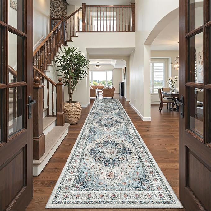 Madane Hallway Runner Rug 3x14 Washable Kitchen Runners Long, Blue | Vintage Non-Slip Wide Area Rugs 14ft for Entryway, Soft Thin Low-Pile Farmhouse Indoor Floor Carpet for Living Room Bedroom