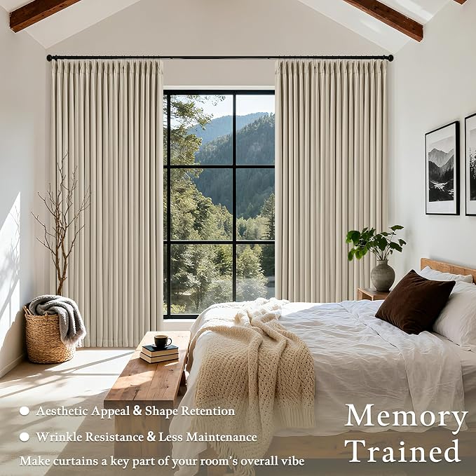 Pinch Pleated Blackout 90 Inch Curtains 70 Inch Wide Linen Dual Layer Soundproof Farmhouse Bedroom Window Curtains for Living Room Sliding Door with Hooks Rings Back Tab 100% Black Out Drapes 1 Panel