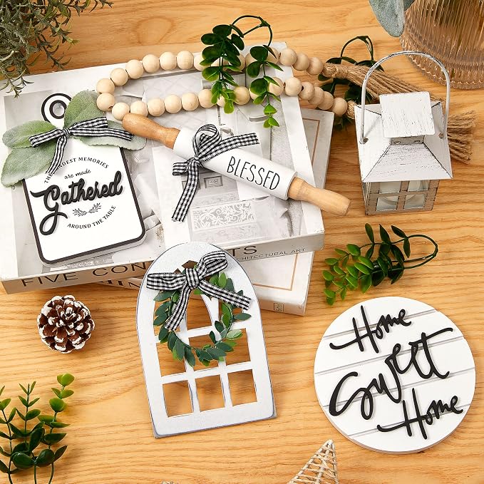 Houmury Set of 17 Farmhouse Tiered Tray with 1 Lantern Artificial Plant& Cutting Board Sign for Rustic Home Sweet Home Kitchen Decor Tier Tray Decor Set